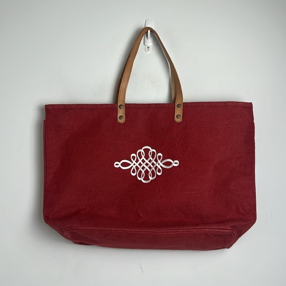 Ballard Designs Red Woven Jute Embroidered Leather Strap Zip Closure Large Tote - Picture 2 of 9